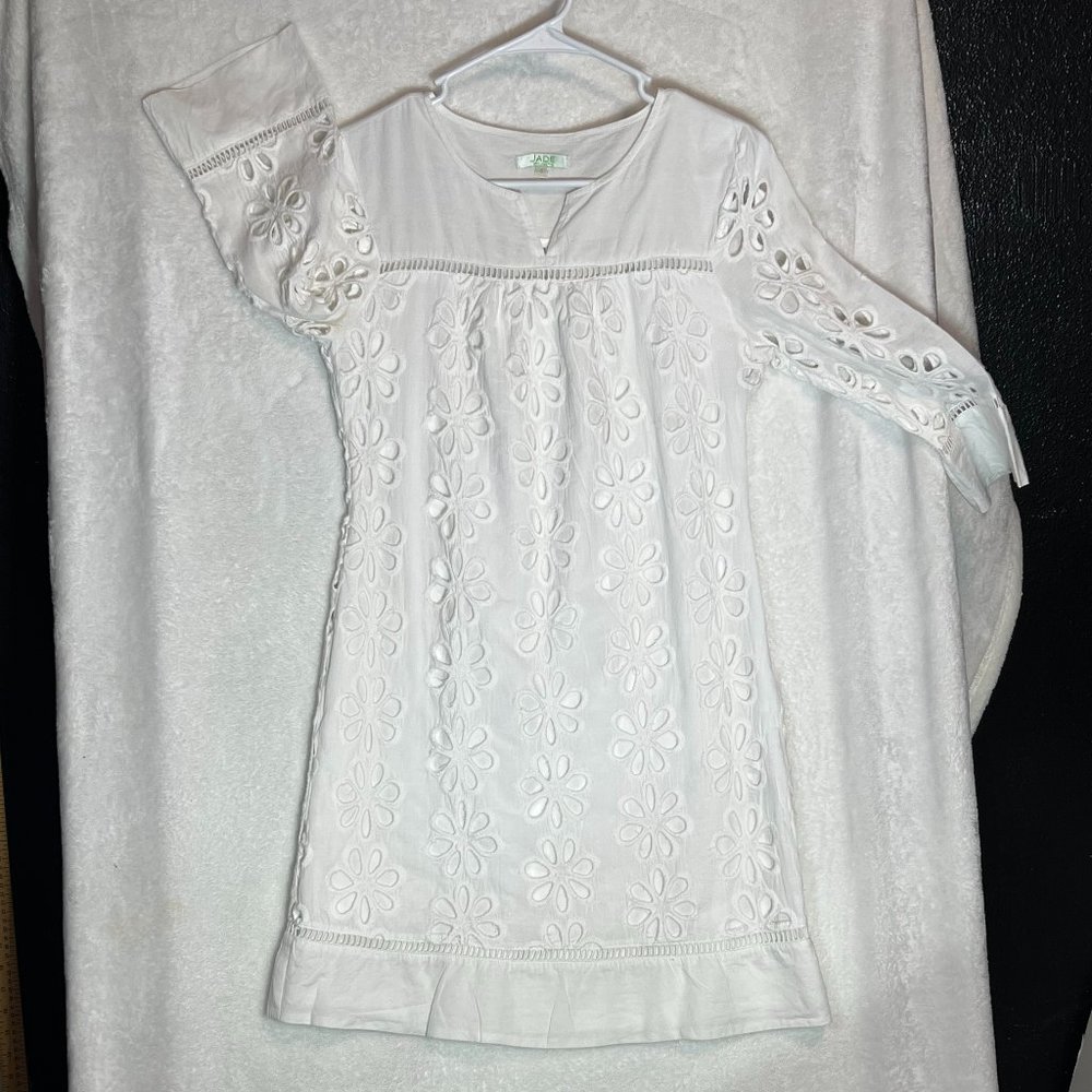 JADE  Tunic Caftan Shift White Lace 3/4 Sleeve dress Size S.